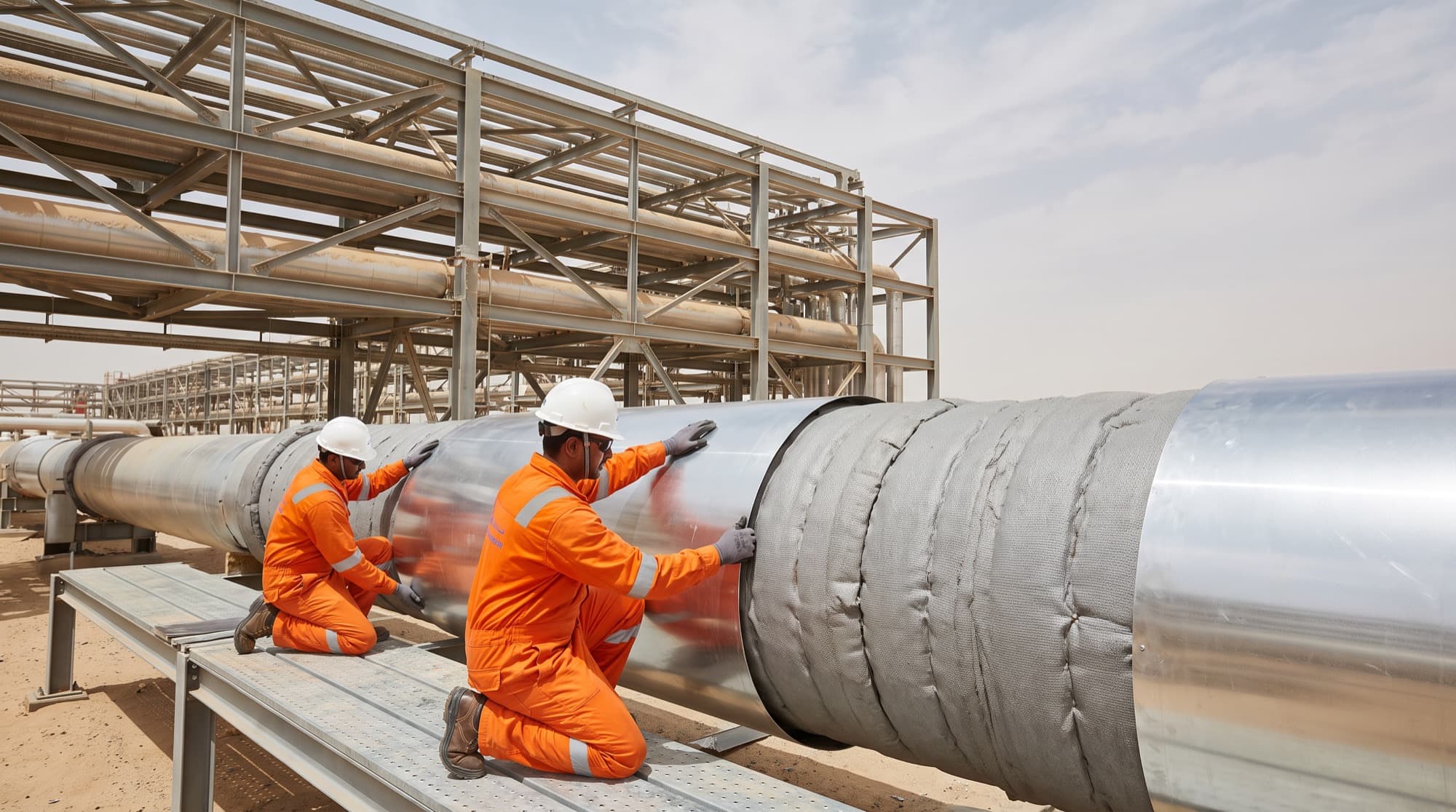 Two workers fitting aluminium cladding over insulation on a large pipe run in bright daylight.