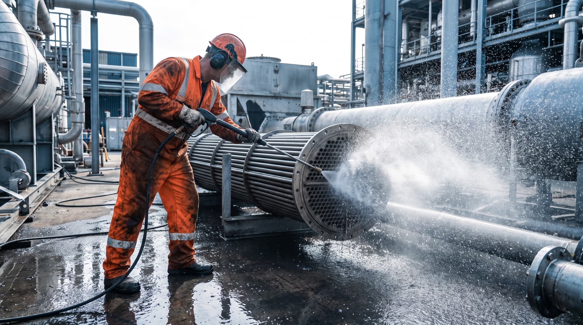 A worker in an orange coverall and face shield jetting a heat exchanger tube bundle with high-pressure water.