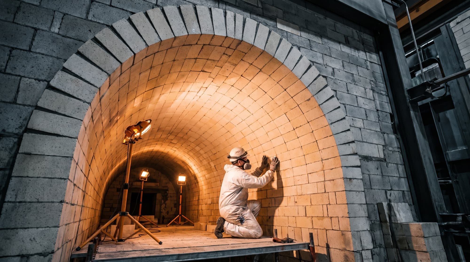 A worker laying refractory brick inside the arch of a furnace.