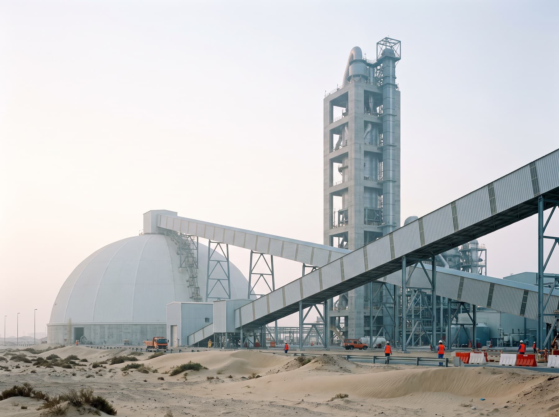 A fertilizer plant in morning haze, with a tall prilling tower, conveyor galleries and a white storage dome.