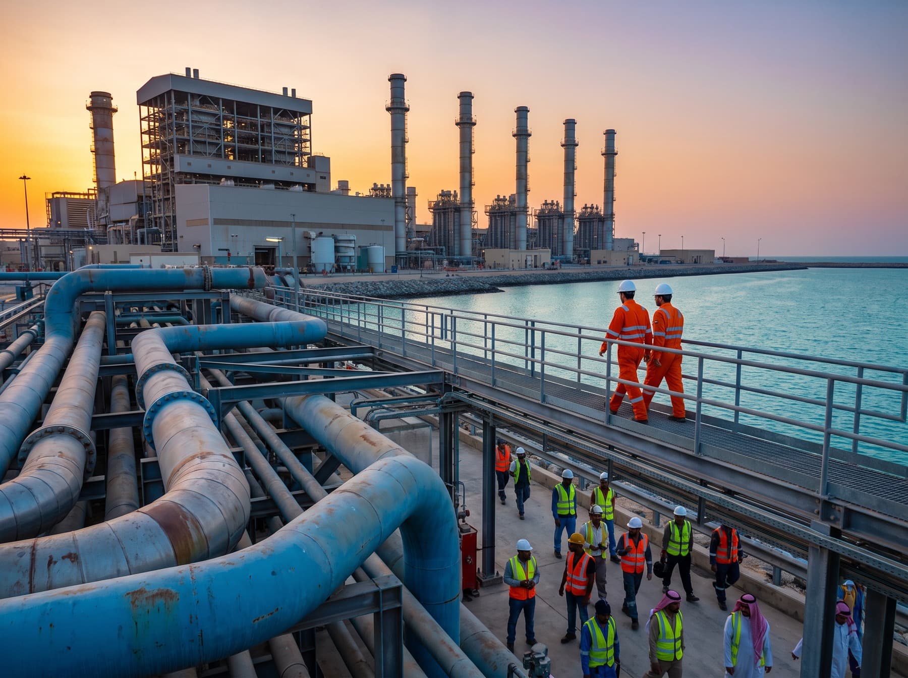 A power and desalination plant on the Gulf coast at sunset, crews walking along a gantry over large pipes.