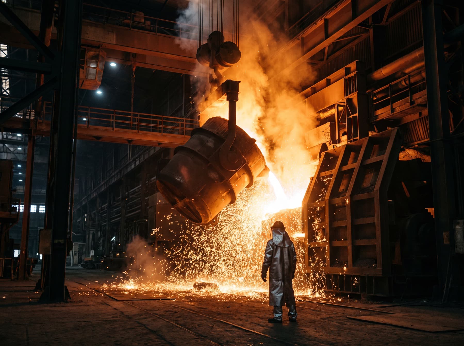Molten steel pouring from a ladle in a steel mill, a worker in a heat-protective suit nearby.