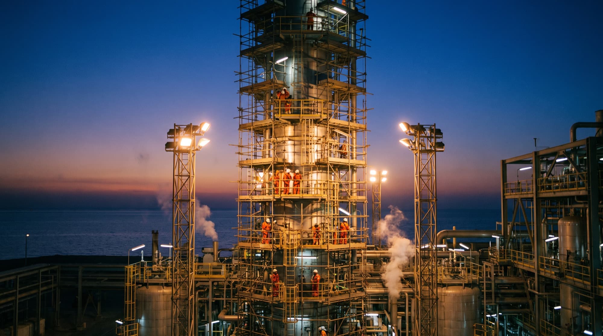 A distillation column wrapped in scaffolding at dusk, crews in orange coveralls on every level, floodlights lit against a deep blue sky over the Gulf.