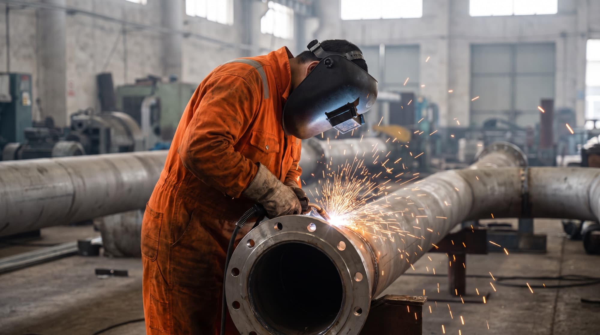 A welder joining a pipe flange, sparks flying against a grey steel background.