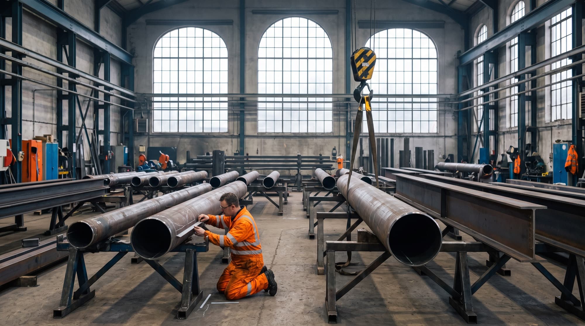A steel fabrication workshop with rows of pipe spools and an overhead gantry crane.
